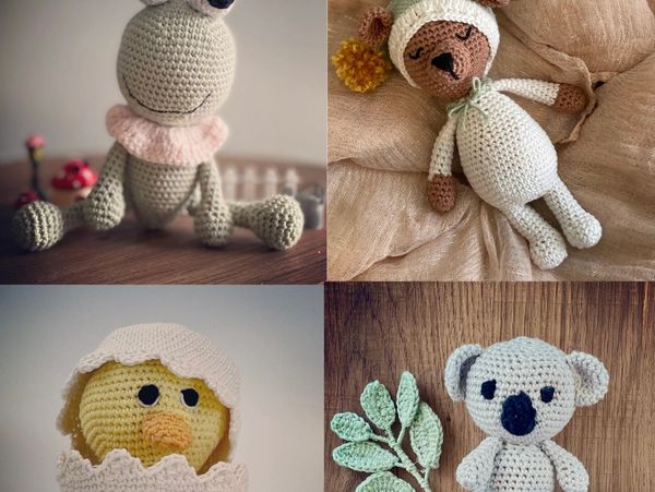 Four handmade crocheted animal toys including a frog, lamb, chick, and koala.
