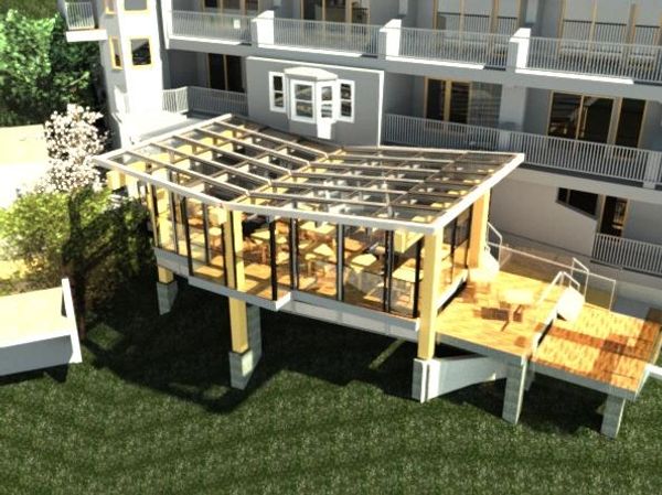 Modern glass and wood porch extension on a residential building.