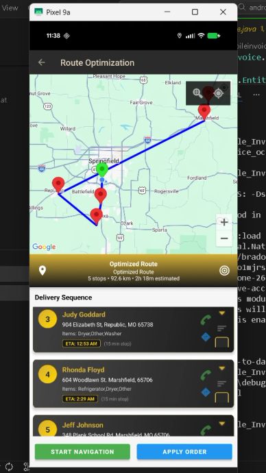 Map showing optimized delivery route with five stops in Missouri.