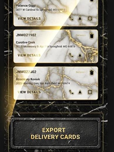 Delivery cards with customer details and export option on a marble background.