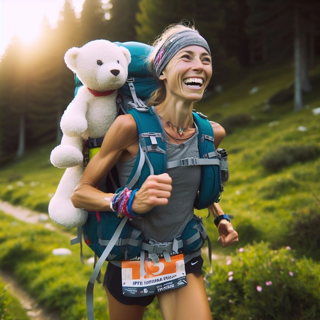 Woman laughing as she runs an ultra marathon with her stuffed animal