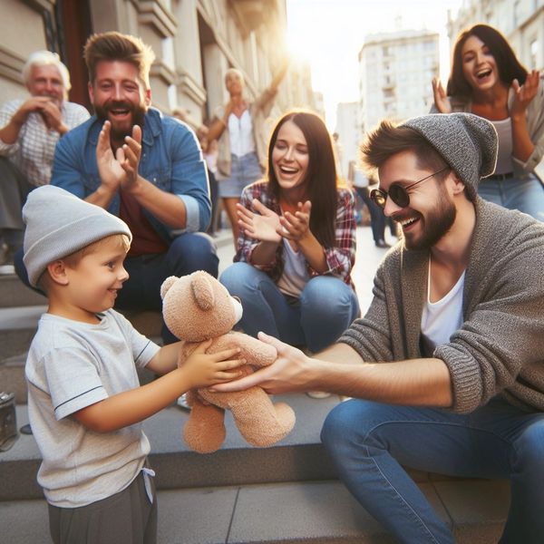 A group of people on the street share a stuffed animal with a smiling young person