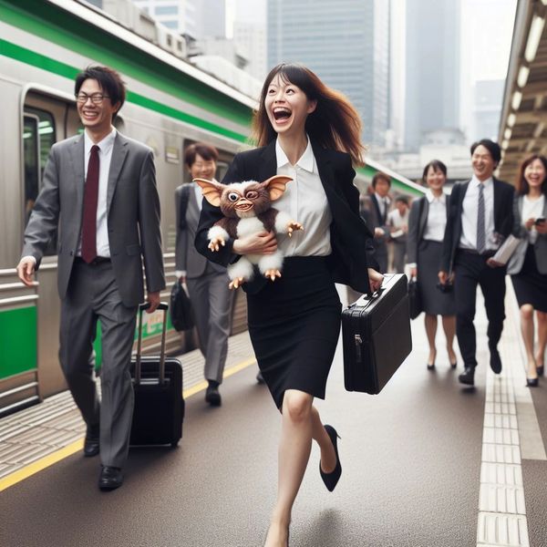 Woman in business attire runs through train station in China carrying her gremlin doll