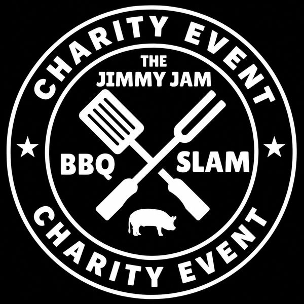 Logo for The Jimmy Jam BBQ Slam charity event featuring grilling utensils and a pig.