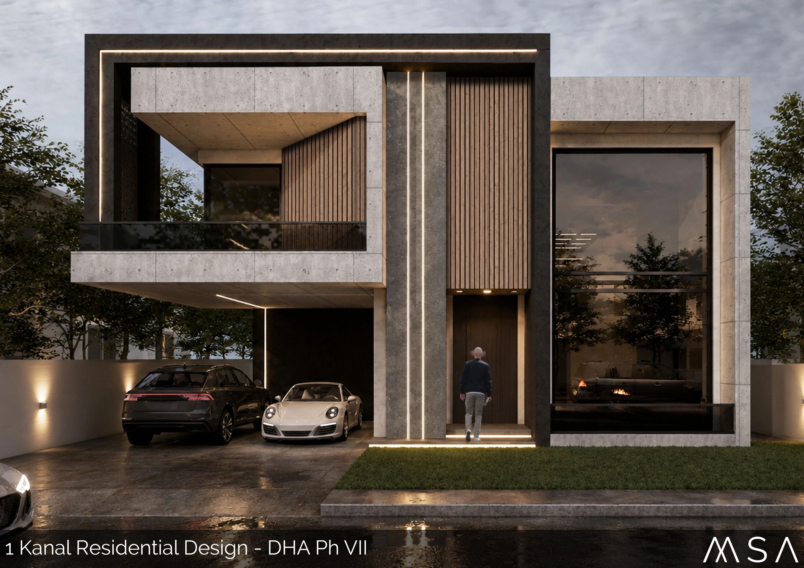 Modern 1 Kanal residential house with stylish lighting and luxury cars.