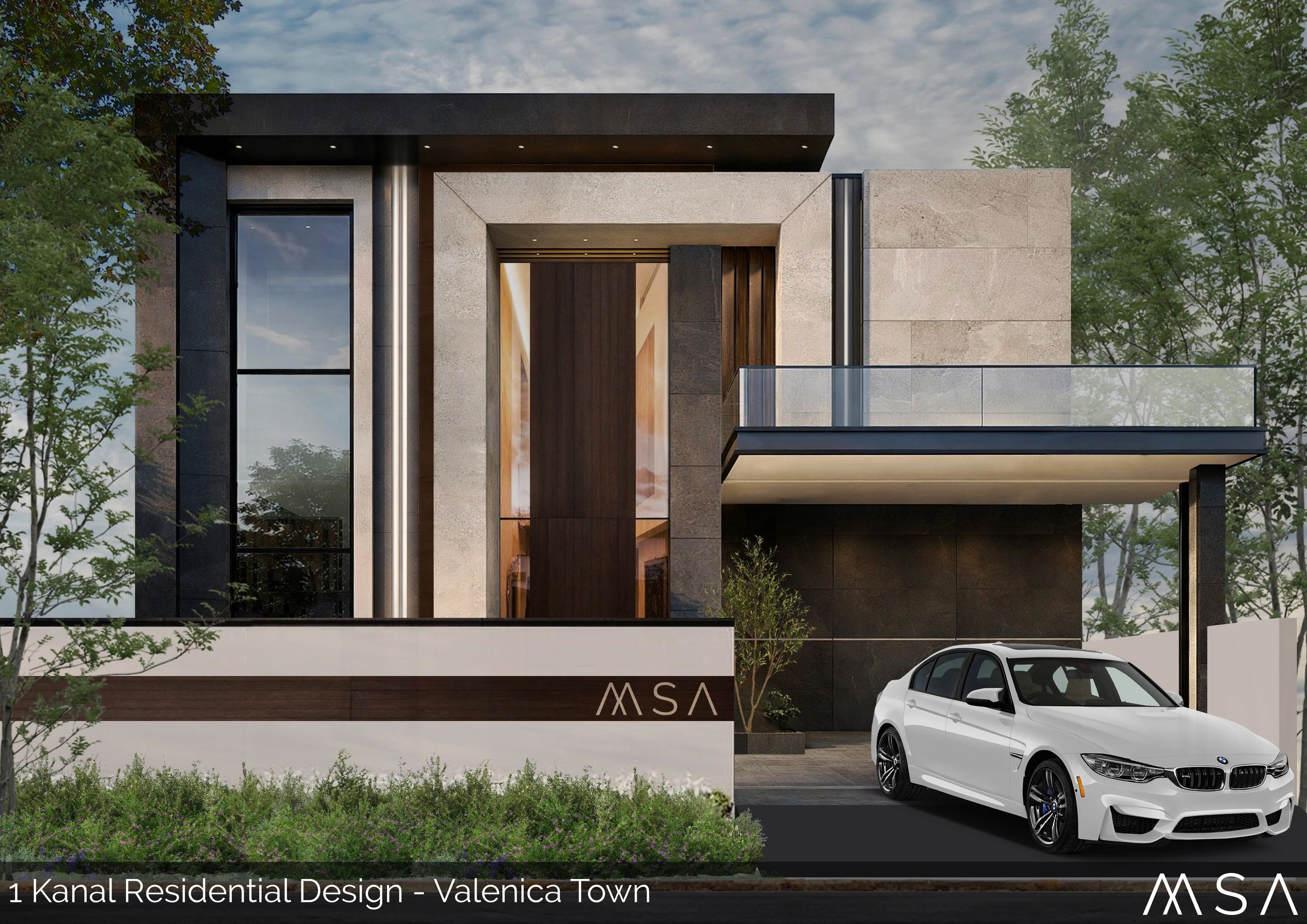 Modern house front design with white BMW car parked.