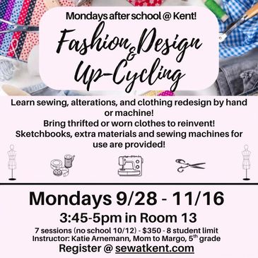 Promotional flyer for after-school fashion and design up-cycling classes.