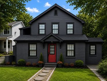 Modern black house with red door.