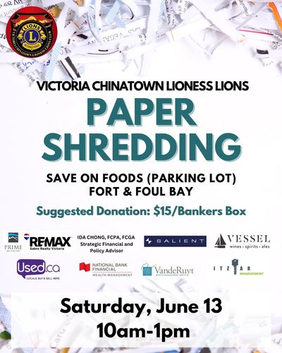 Flyer for Victoria Chinatown Lioness Lions paper shredding event.