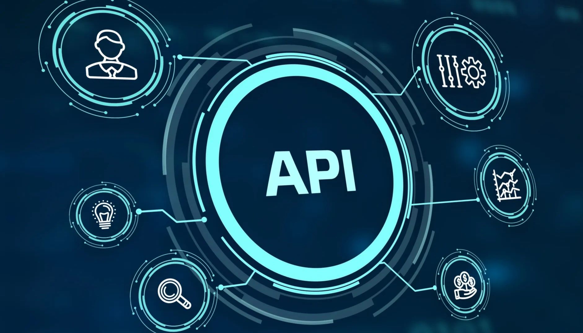 Digital API concept with icons representing various functions and analytics.