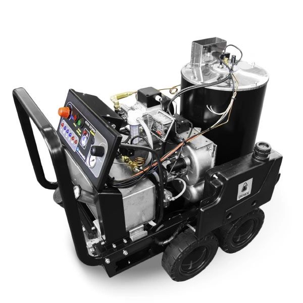 Compact industrial steam machine with control panel and wheels.