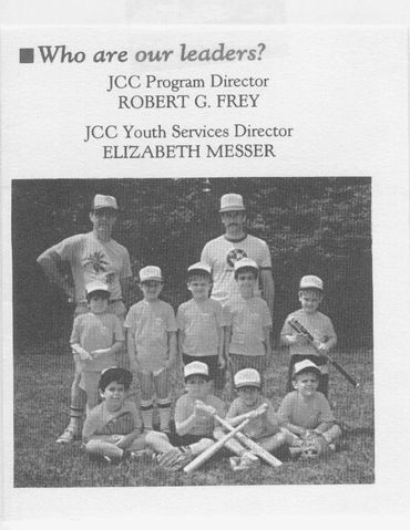 B&W youth baseball team photo with program text.