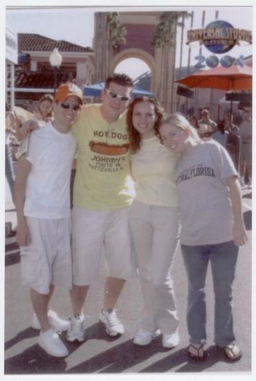 Friends posing at Universal Studios park.