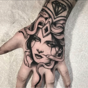 Illustrative Lady Head hand tattoo by James Conway