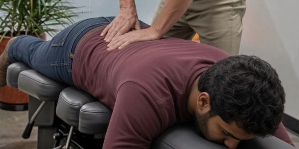 Persona recibiendo masaje de espalda en clínica.