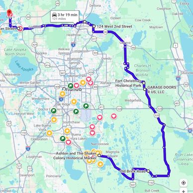 Map showing a driving route through Orlando landmarks and historical sites.