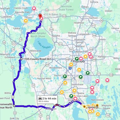 Route map showing a 89.6-mile trip from Orlando to 633 N Baker St.