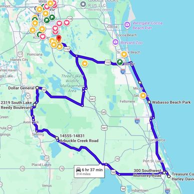 Map showing a 314-mile motorcycle route in Florida with stops at scenic and recreational spots.