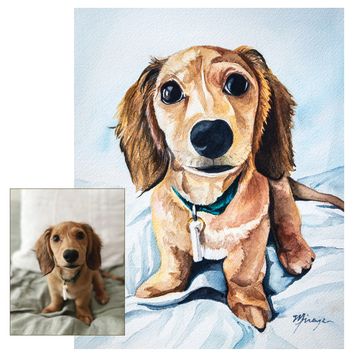 Hand painted, custom pet portrait watercolor of a dog, cat, horse, bird, etc from a photograph.