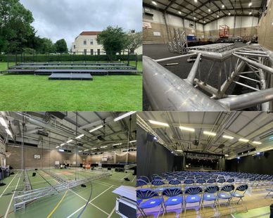 Outdoor stage setup progressing to indoor event with chairs and lighting.