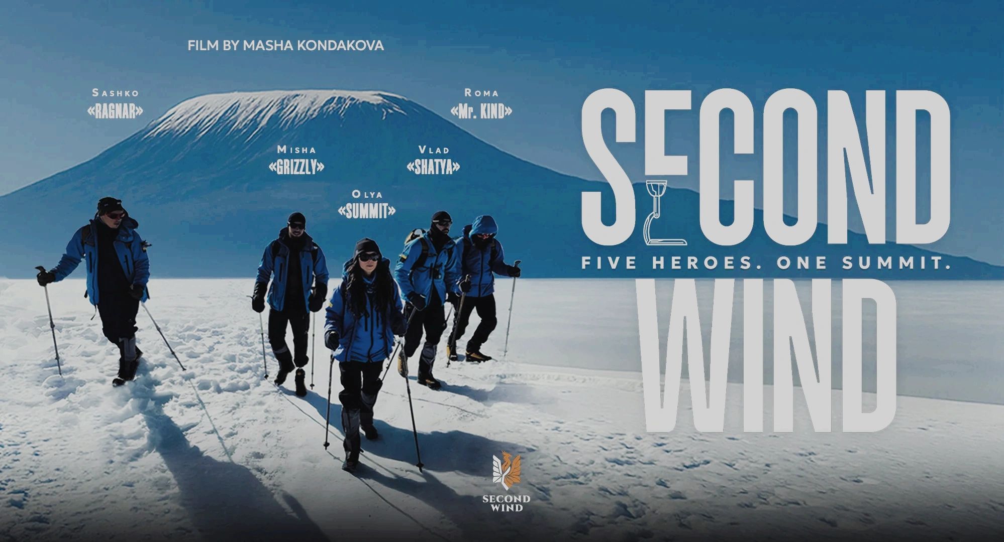 Five climbers trek snowy terrain with a mountain backdrop in the film "Second Wind."