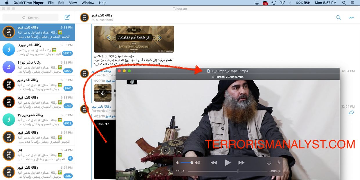 2019 ISIS video featuring Abu Bakr al-Baghdadi distributed via Nashir News Telegram accounts.