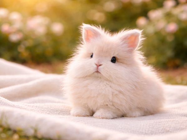 Fluffy white bunny sitting on a blanket outdoors in soft sunlight.