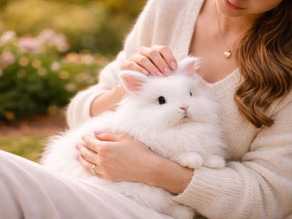 A woman gently holds and pets a fluffy white rabbit in a serene garden.