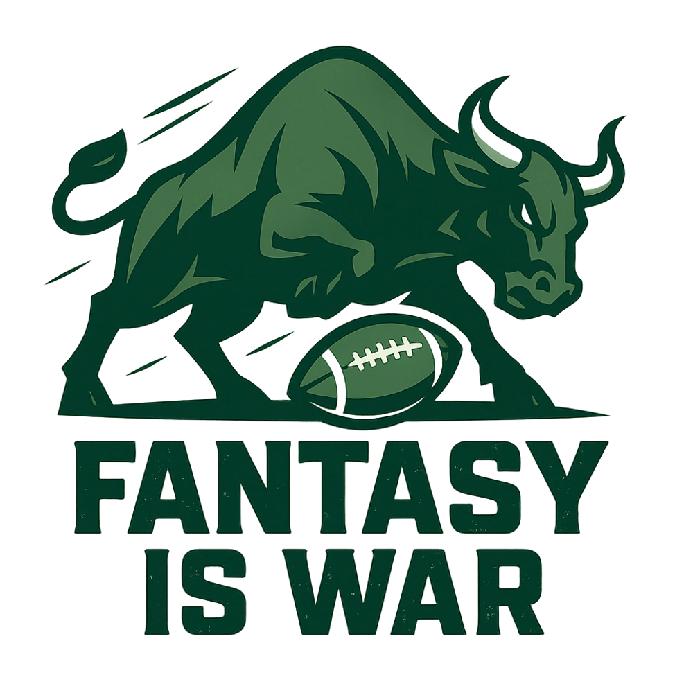 Aggressive bull with a football and the phrase 'FANTASY IS WAR'.