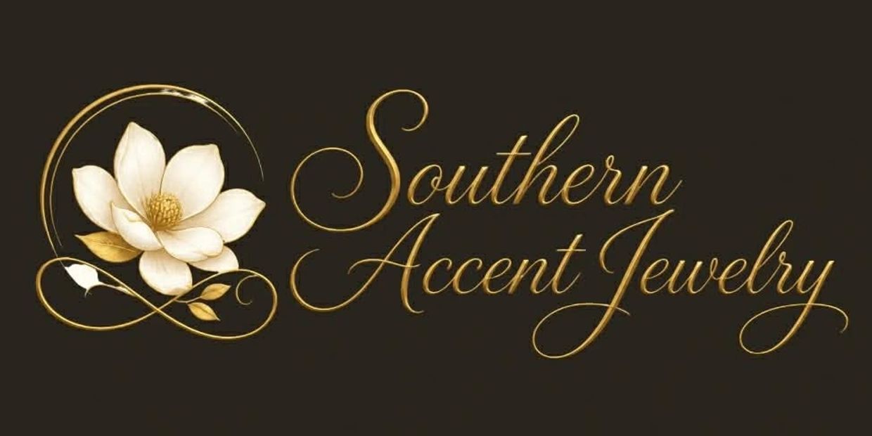 Elegant gold script logo for Southern Accent Jewelry with a white flower design.