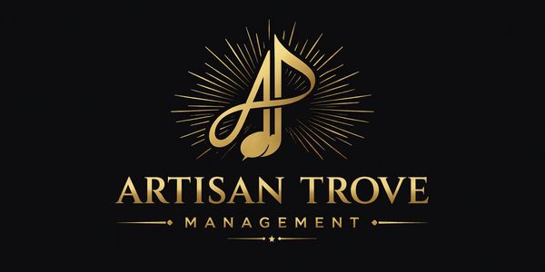 Elegant gold logo for Artisan Trove Management on black background.