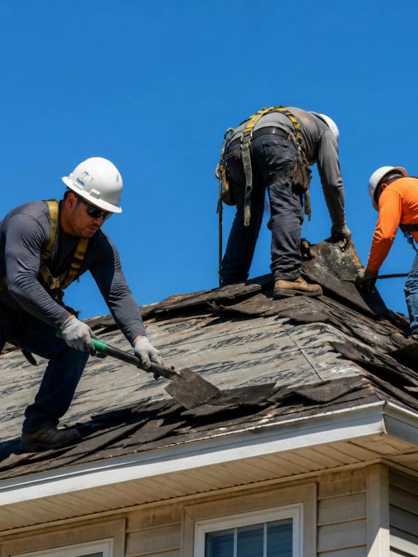 Workers repairing a roof under clear blue sky.