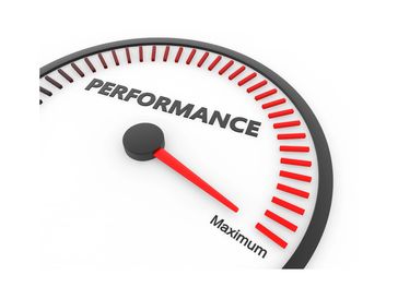 A performance gauge needle pointing to maximum level.