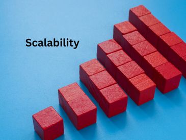 Stacked red blocks increasing in size with the word 'Scalability' on blue background.