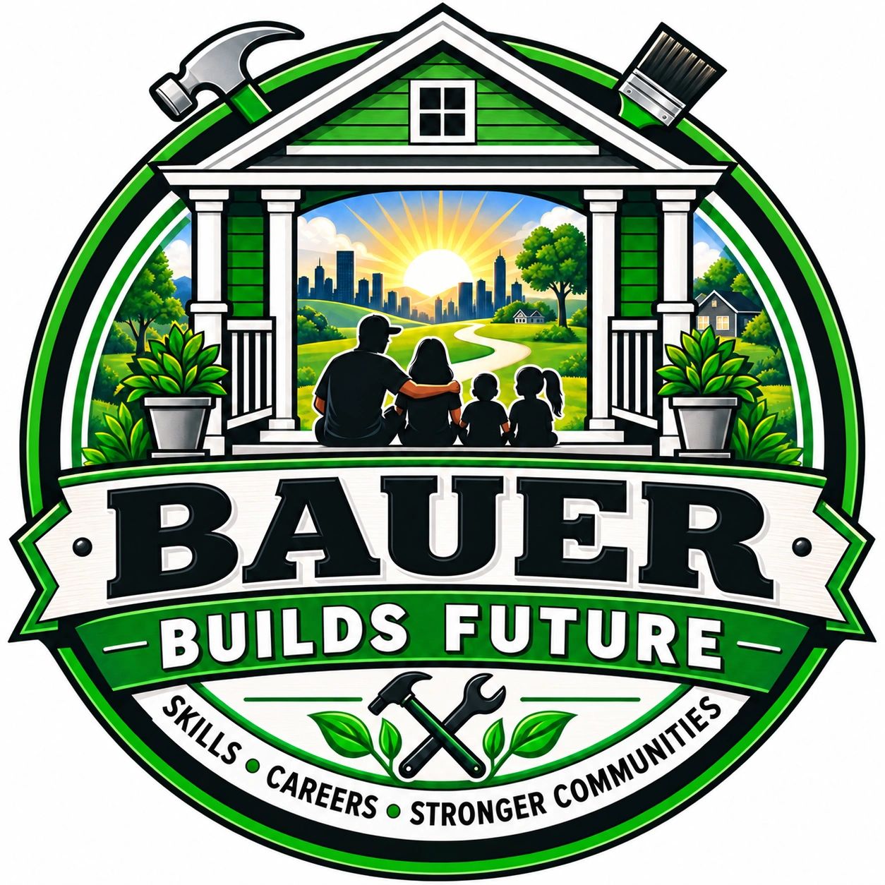 Bauer Builds Future logo with family and tools.