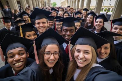 Closeup shot people taking selfie wearing graduated caps