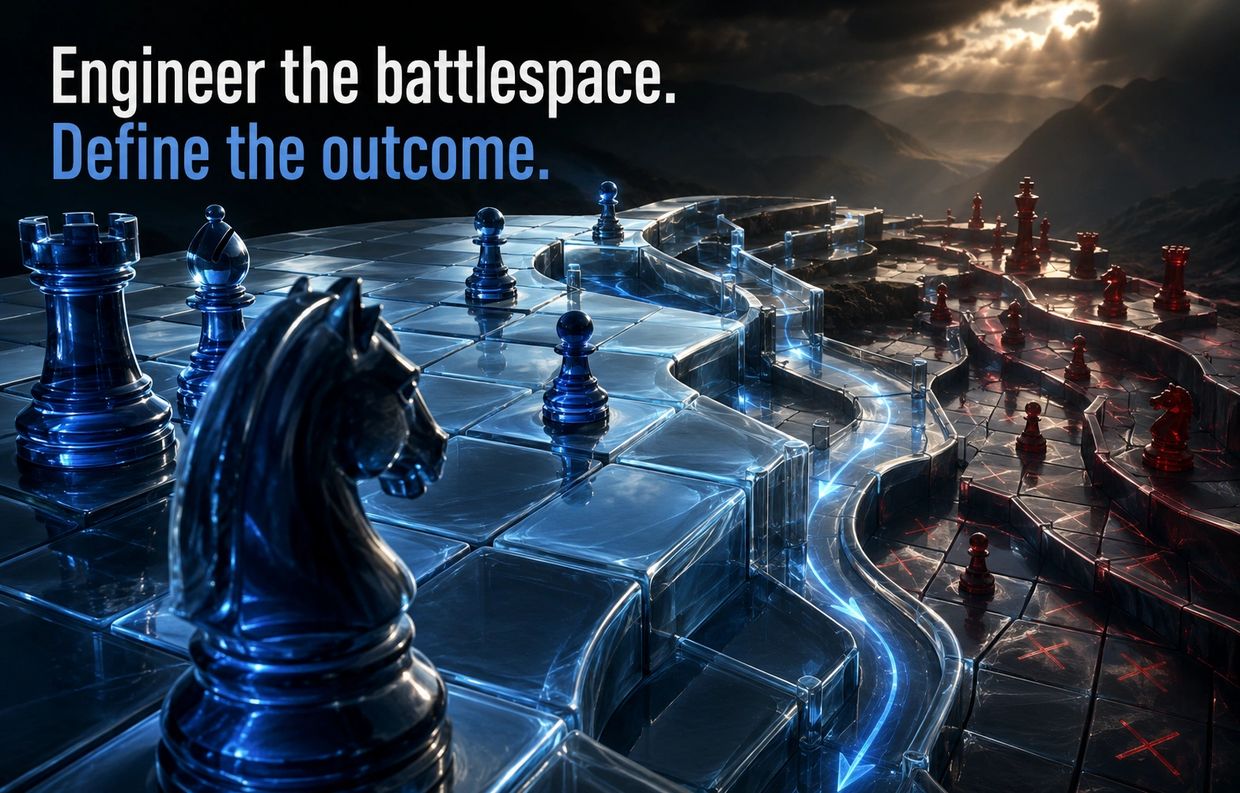 A futuristic chessboard symbolizes strategic control and outcome definition in battlespace.