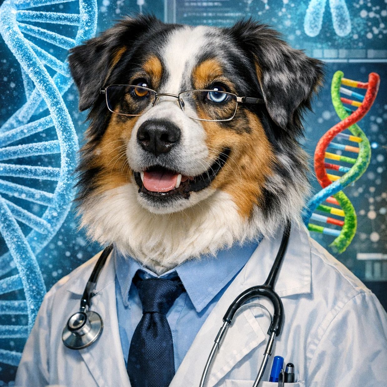 Dog dressed as a doctor with glasses and stethoscope, DNA strands in the background.