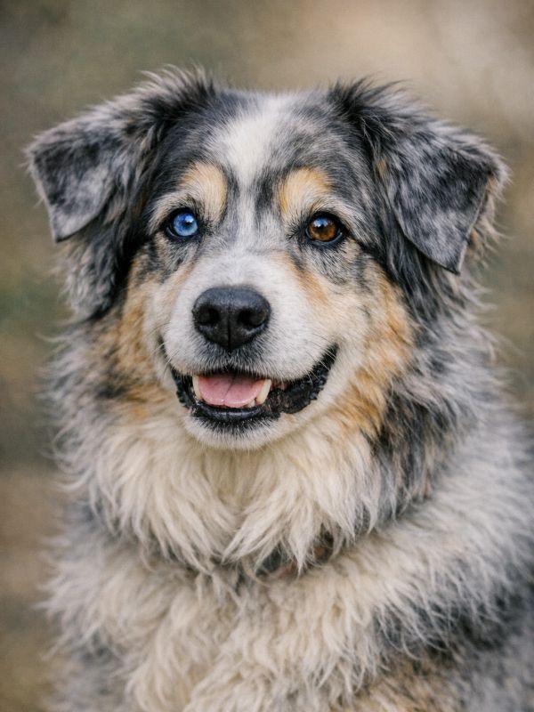 Smiling Australian Shepherd with heterochromia and fluffy fur.