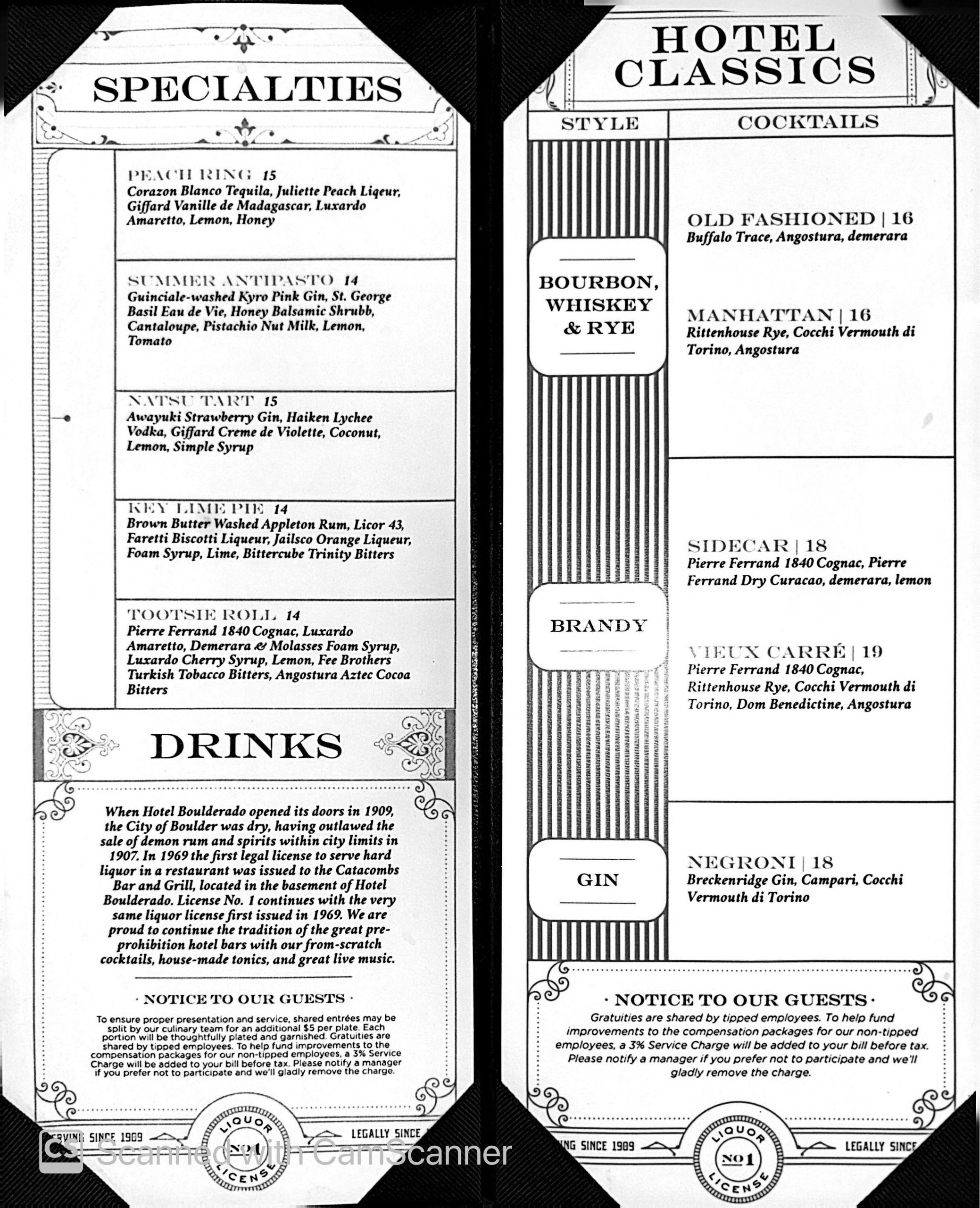 Vintage black-and-white menu featuring cocktail specialties and hotel classics.