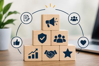 Wooden blocks with icons representing business concepts.