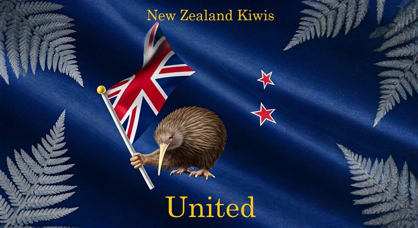 Kiwi holding New Zealand flag with ferns on blue background.