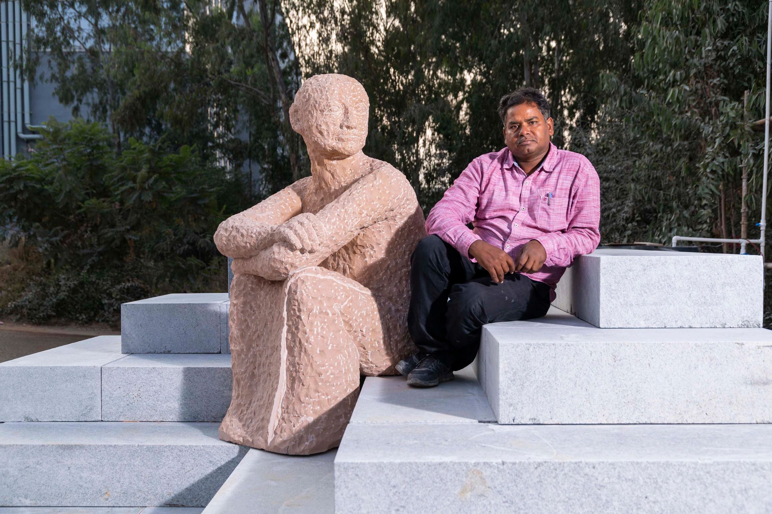 Hariprasad with His Sculpture at RMZ- Bengaluru- year 2018,
Photo by Mallikarjun Katakol