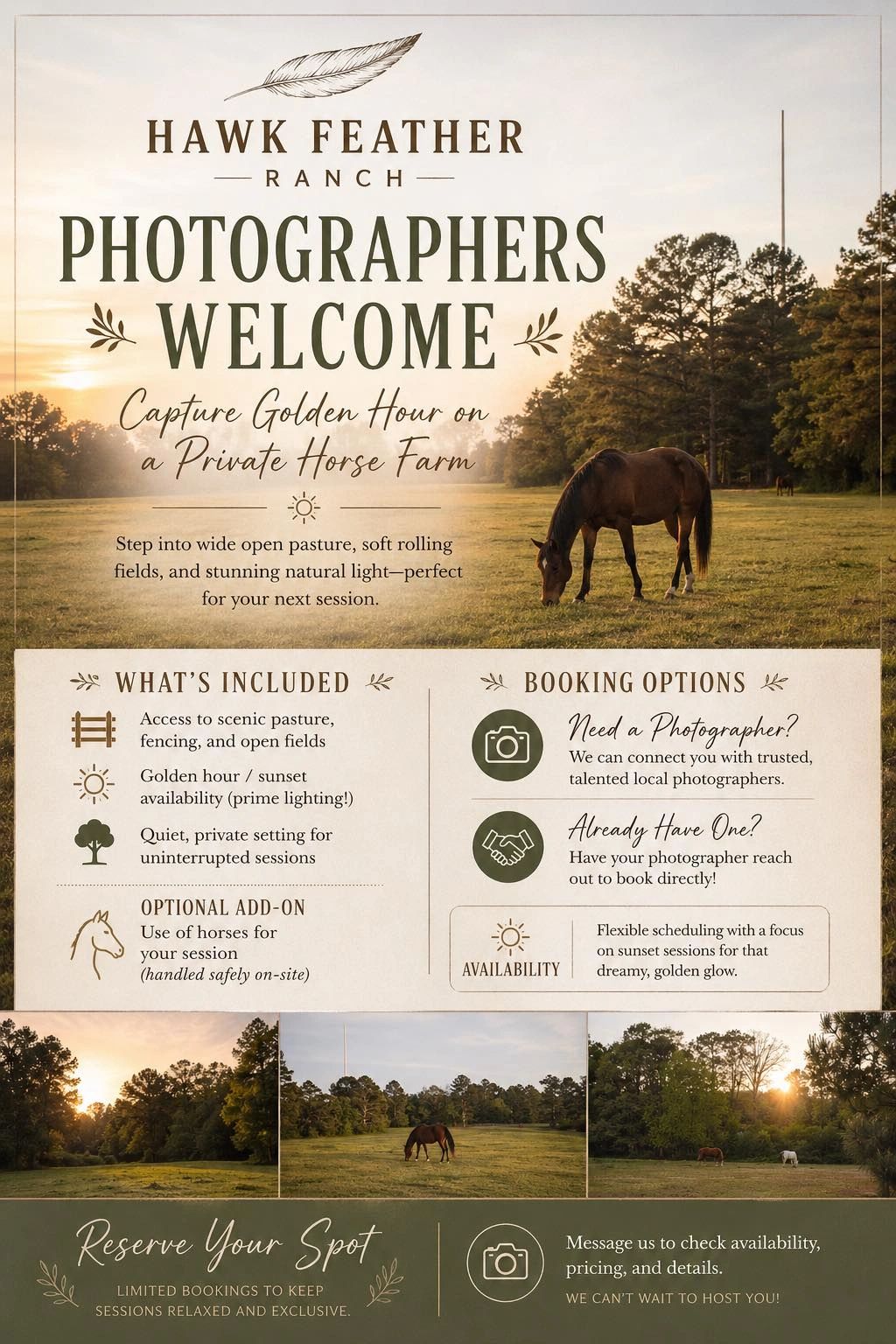 Wildflower Ridge Ranch welcomes photographers to capture golden hour on a private horse farm with sc