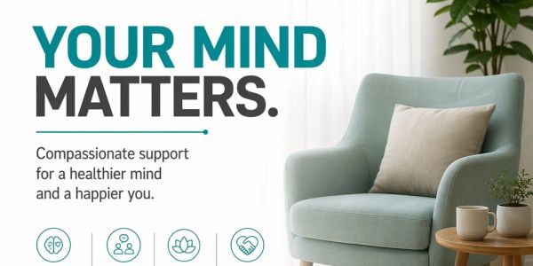 Calm living room scene with mental health support message.