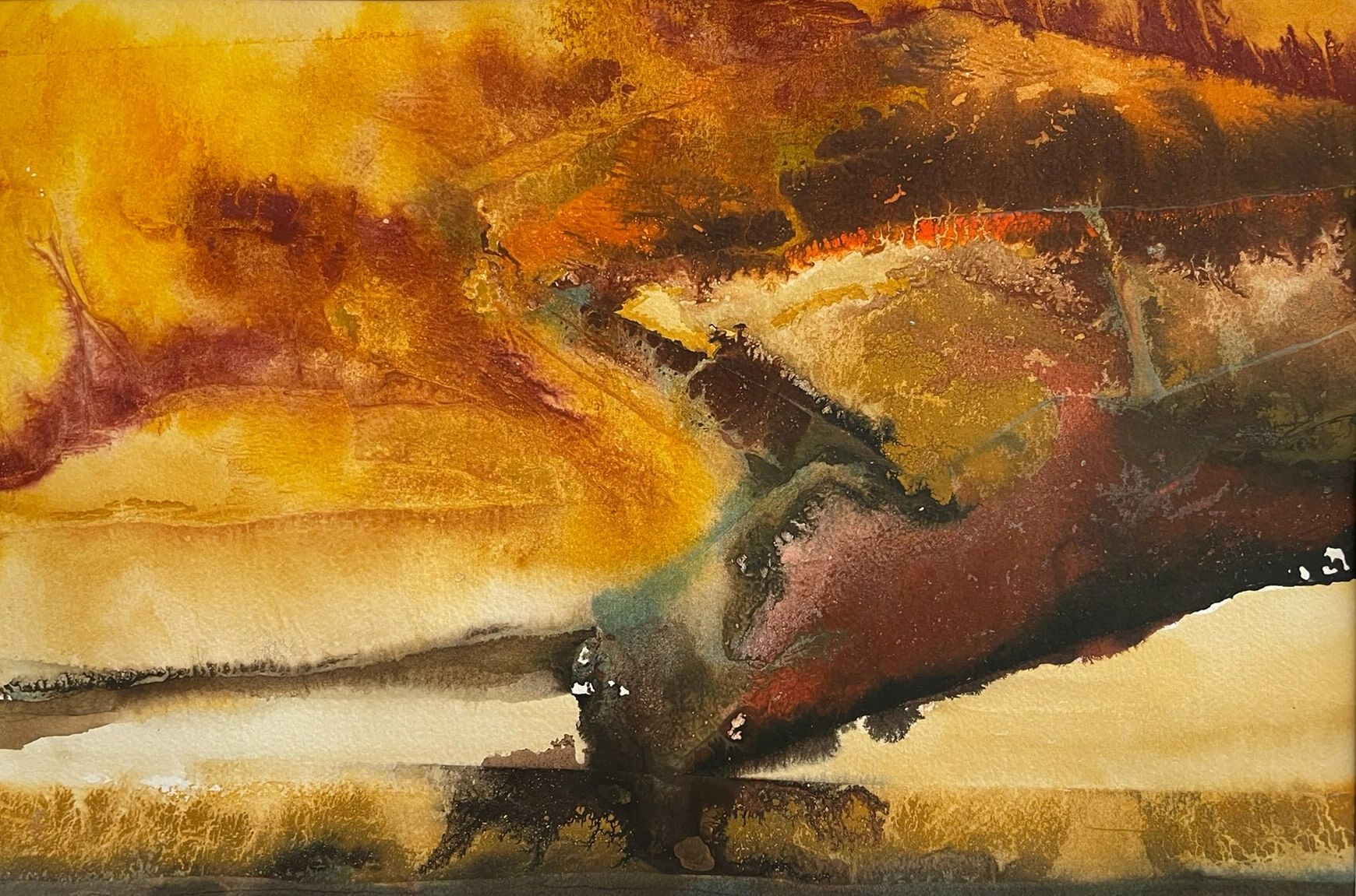 Abstract painting with warm earthy tones and textured patterns.