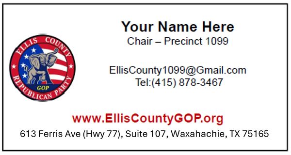 Sample political business card for Ellis County GOP precinct chair.