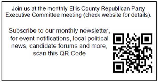 Invitation to Ellis County Republican Party meeting with QR code for newsletter subscription.