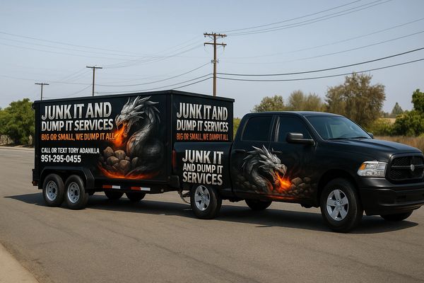 Junk It truck and trailer with dragon wrap — junk removal in Perris, Moreno Valley & nearby cities.