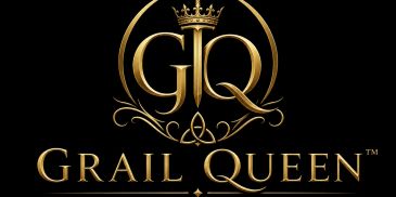 Gold Grail Queen logo on black background.